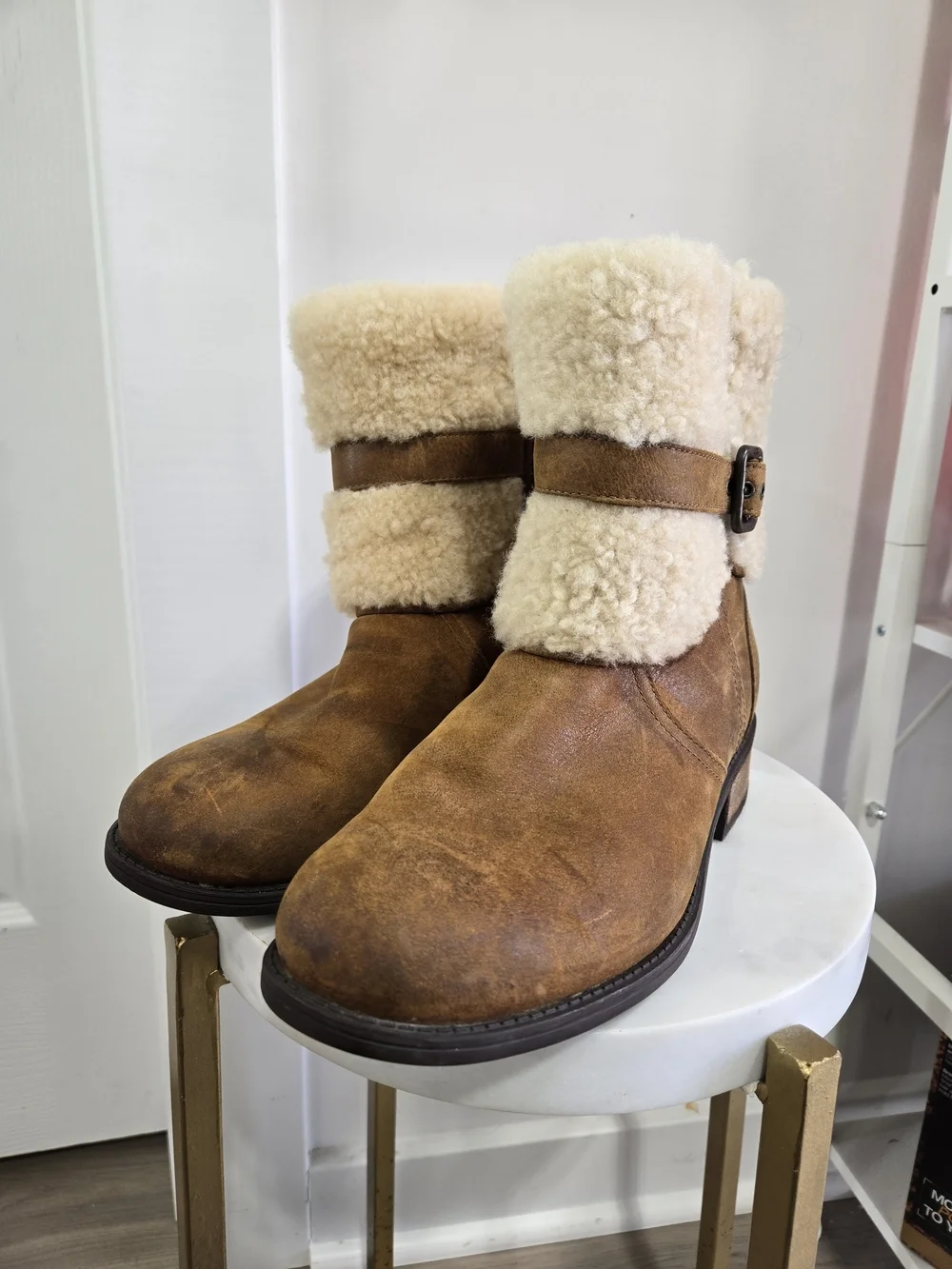 UGG Women's Chestnut Brown Leather Shearling Cuff Buckle Boots